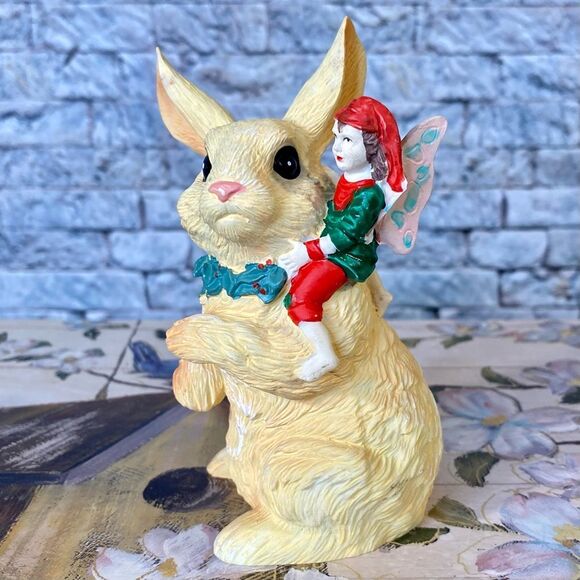Vintage 90s Porcelain Christmas Rabbit & Elf Figurine - Picture 1 of 6